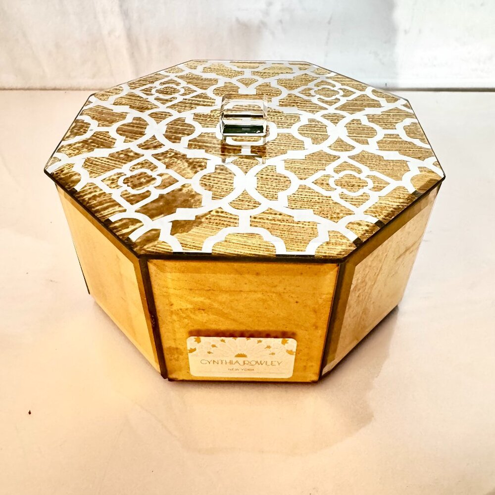 Cynthia Rowley New York Mirrored Beveled Glass Jewelry Trinket Box Golden Octago